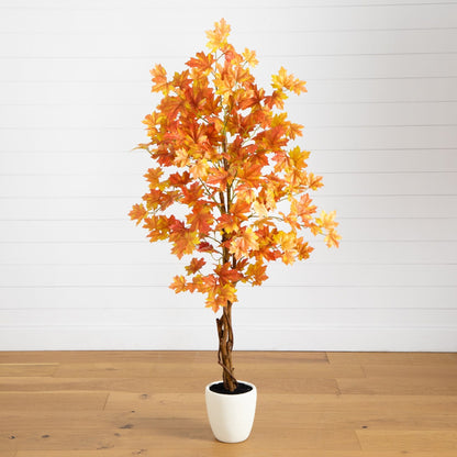 5’ Artificial Fall Maple Tree with double trunks in a white planter orange leaves Nearly Natural on Tampa Home & Garden Store