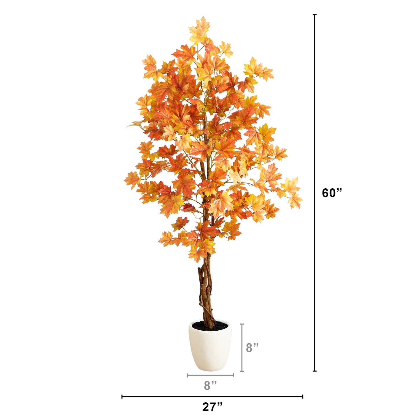 5ft Nearly Natural maple tree with double trunks in a white planter with orange leaves on Tampa Home & Garden Store