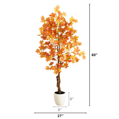 5ft Nearly Natural maple tree with double trunks in a white planter with orange leaves on Tampa Home & Garden Store