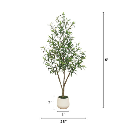 Artificial olive tree 5 ft tall with green leaves in a white decorative planter on Tampa Home & Garden Store