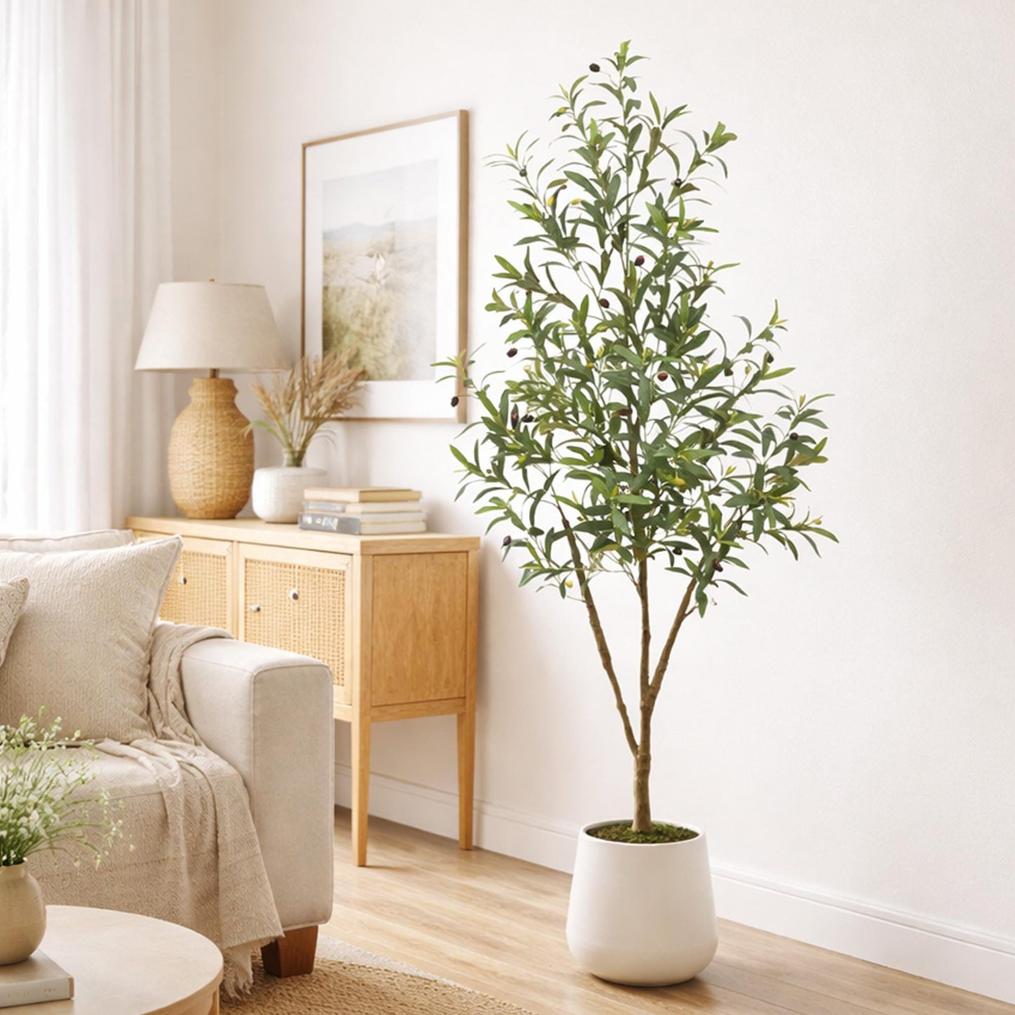 5’ artificial olive tree in white decorative planter by Nearly Natural indoors on Tampa Home & Garden Store