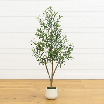Nearly Natural 5’ artificial olive tree in white decorative planter with green leaves and dark olives on Tampa Home & Garden Store