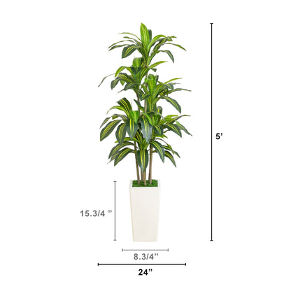 5' artificial Dracaena tree with variegated yellow-green leaves in a white planter by Nearly Natural on Tampa Home & Garden Store