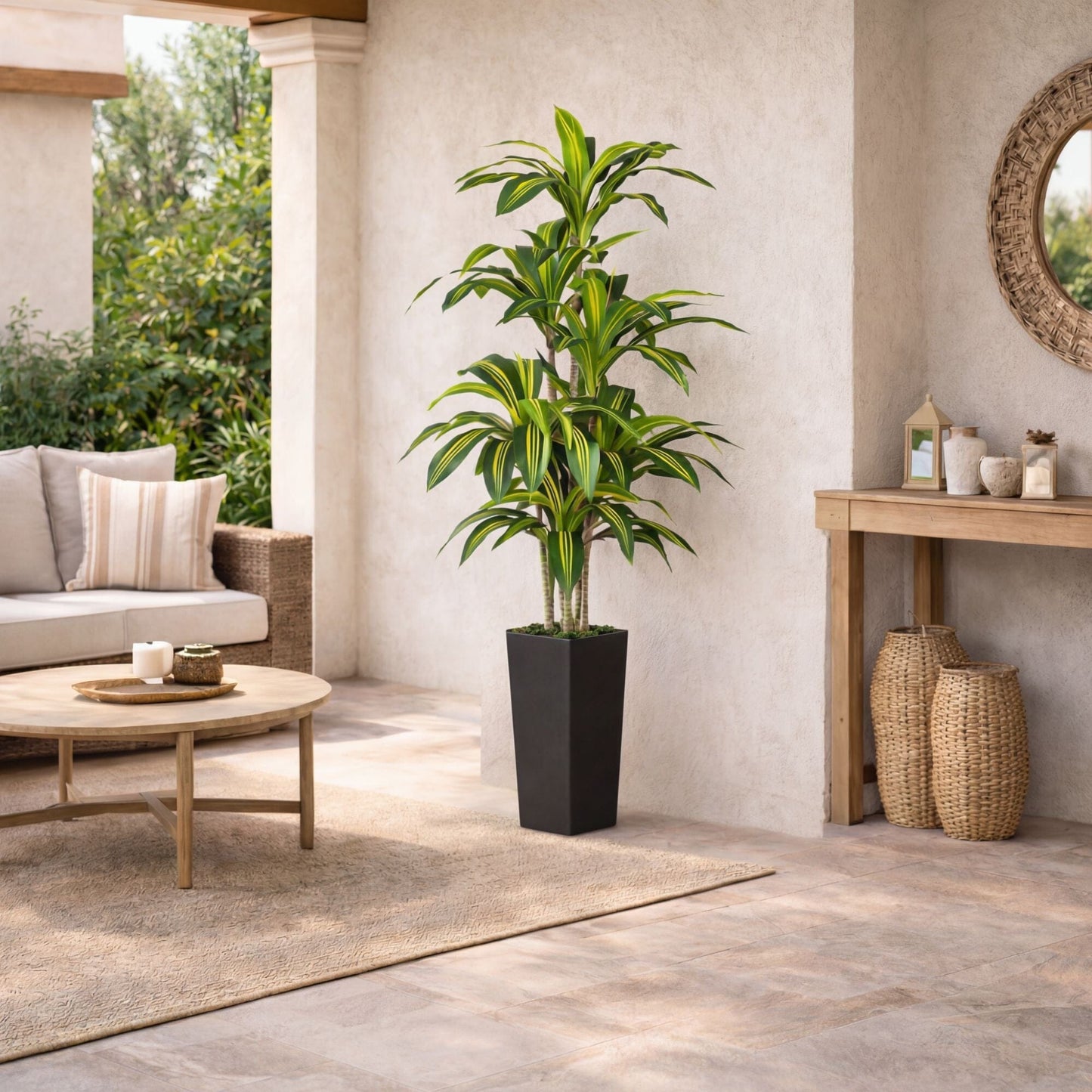 5' artificial Dracaena tree from Nearly Natural in a black decorative planter with green leaves on Tampa Home & Garden Store
