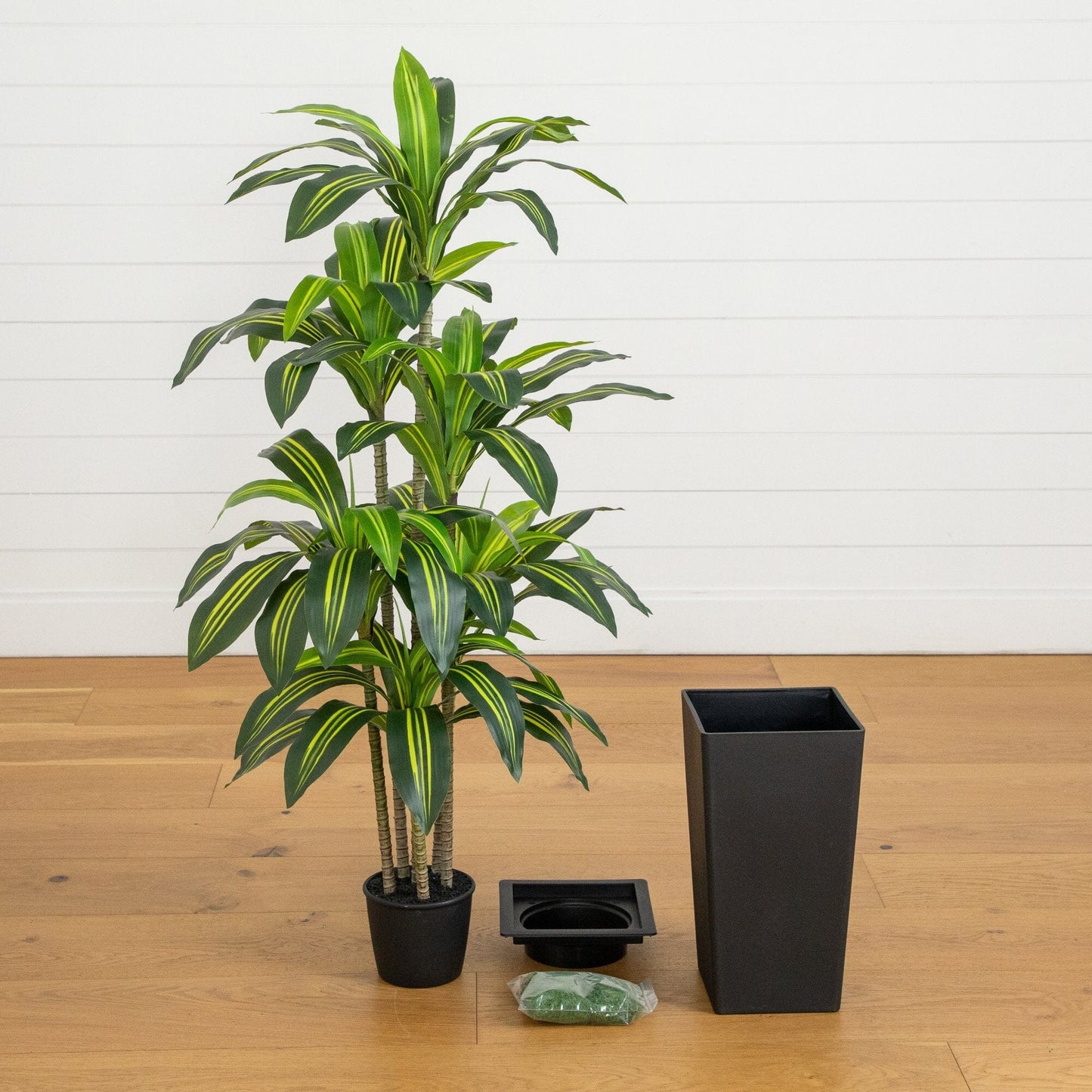 5' Dracaena artificial tree in a decorative planter with variegated green leaves by Nearly Natural on Tampa Home & Garden Store