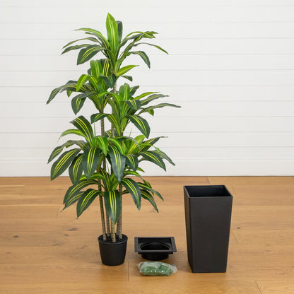 5' Dracaena artificial tree in a decorative planter with variegated green leaves by Nearly Natural on Tampa Home & Garden Store