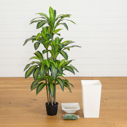 Nearly Natural 5' artificial Dracaena tree in a black planter with variegated green-yellow leaves on Tampa Home & Garden Store