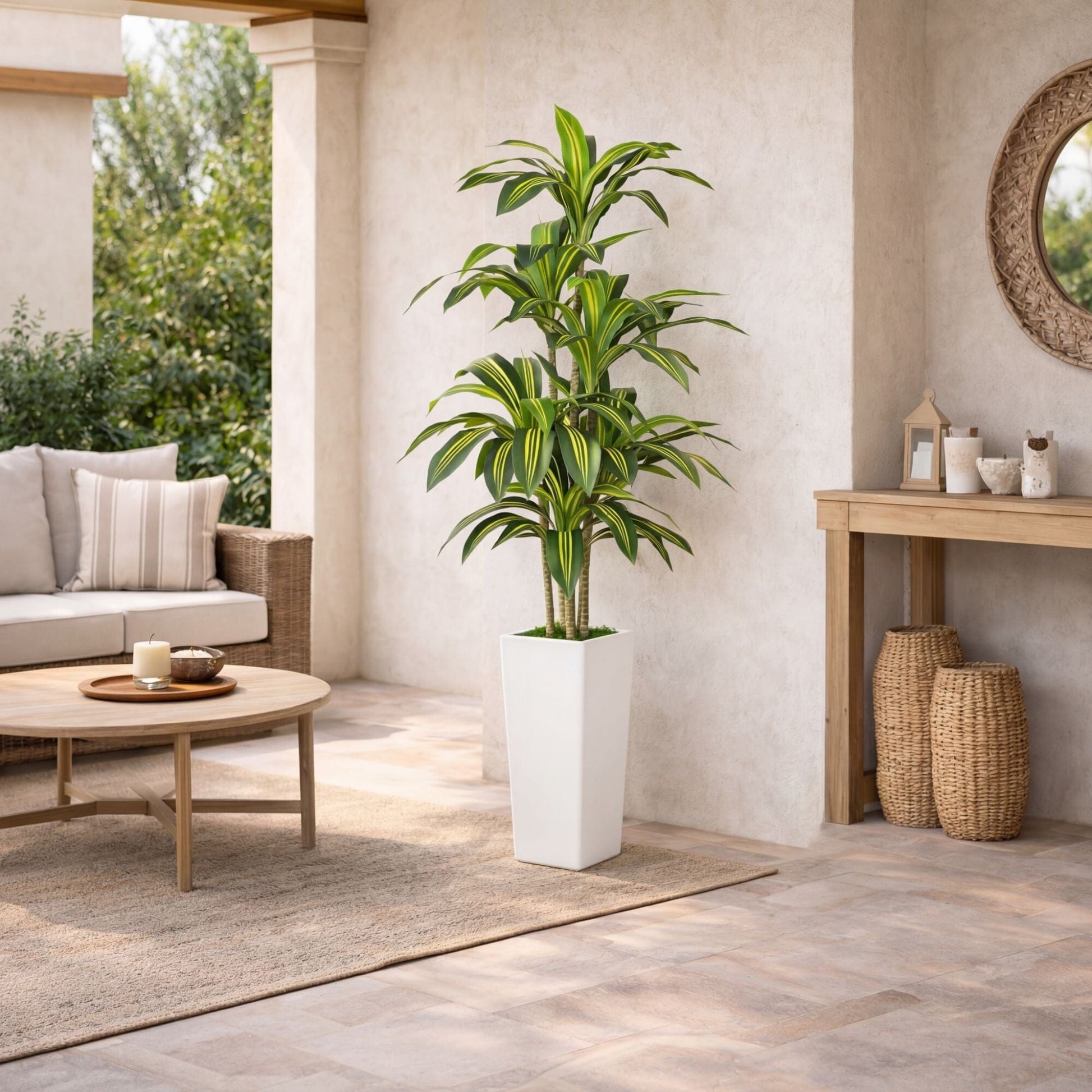 5' Dracaena artificial tree in white square planter by Nearly Natural with variegated green-yellow leaves on Tampa Home & Garden Store