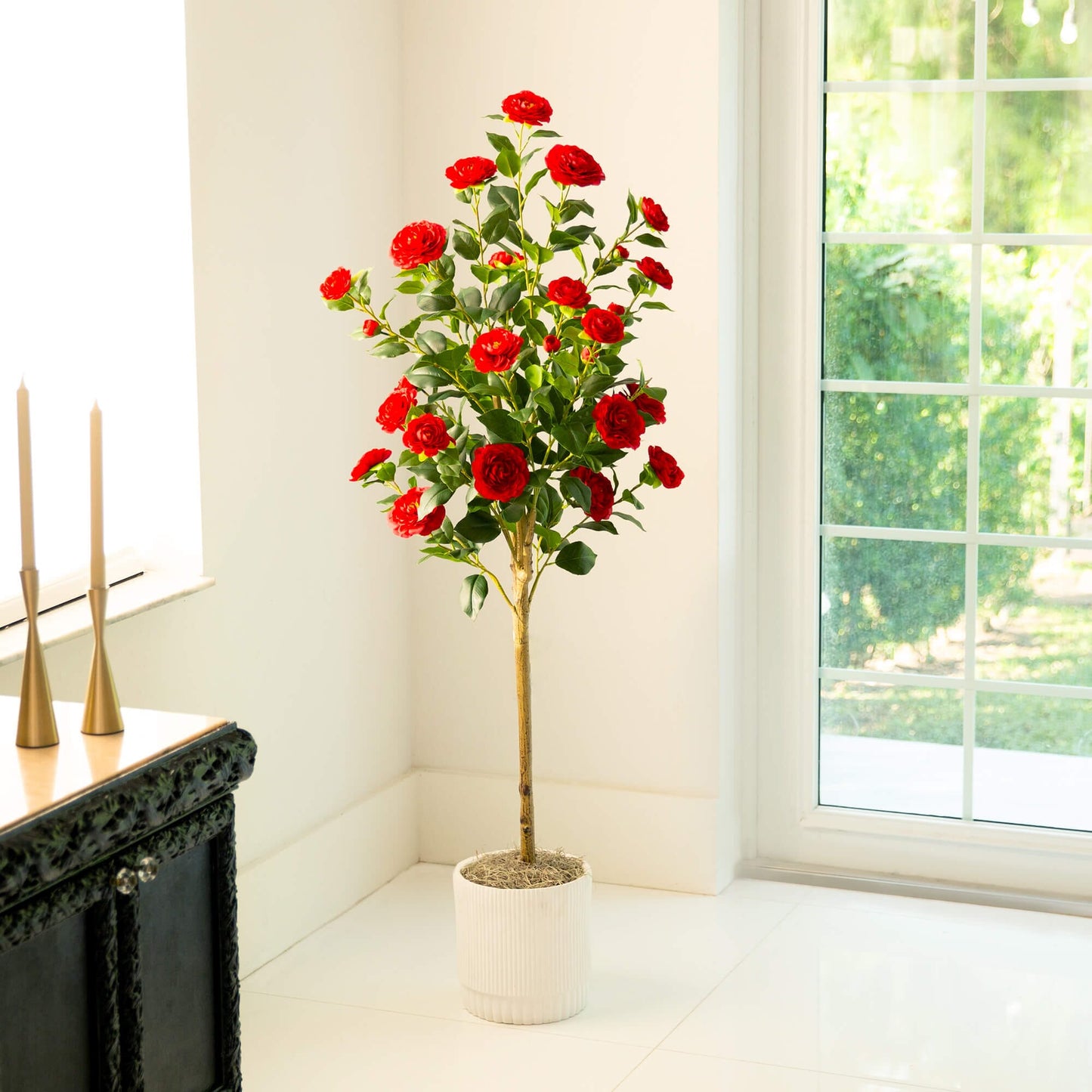 5’ Artificial Red Camellia Rose Tree by Nearly Natural in a white ribbed planter on Tampa Home & Garden Store