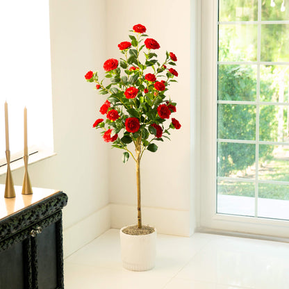 5’ Artificial Red Camellia Rose Tree by Nearly Natural in a white ribbed planter on Tampa Home & Garden Store