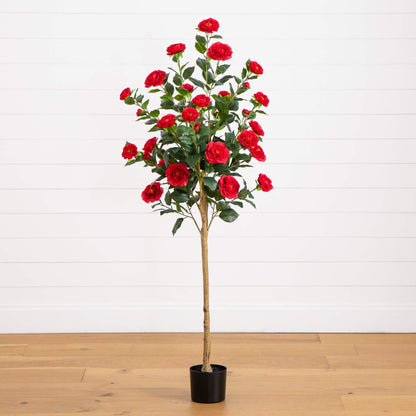 5’ Artificial Red Camellia Rose Tree Nearly Natural red blooms and green leaves in a black pot on Tampa Home & Garden Store