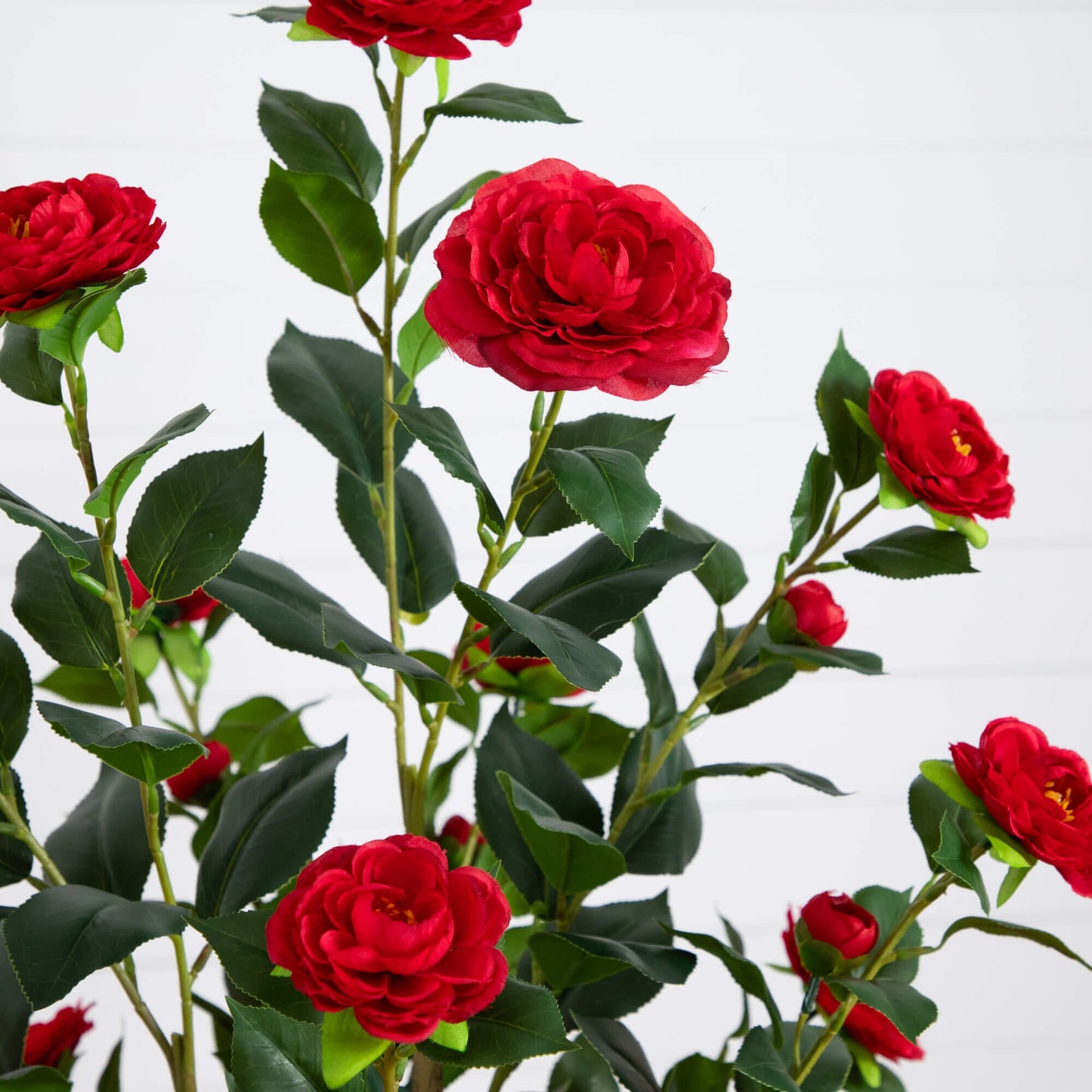 5’ Artificial Red Camellia Rose Tree by Nearly Natural with lush green leaves on Tampa Home & Garden Store