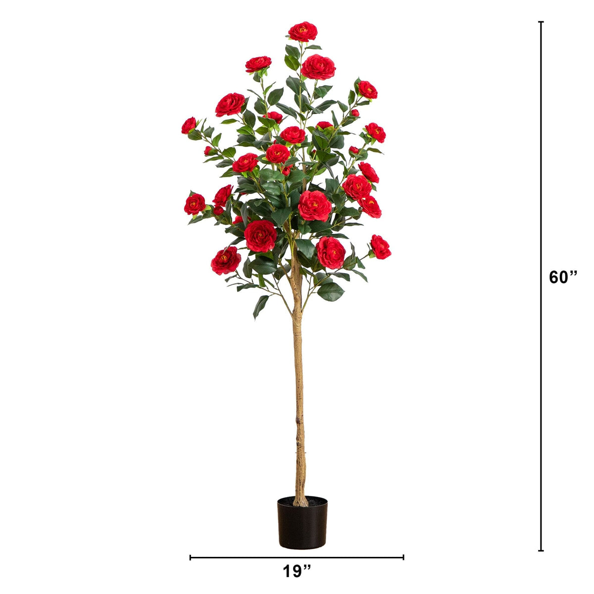 5 ft artificial red camellia rose tree by Nearly Natural with green leaves in a black pot on Tampa Home & Garden Store