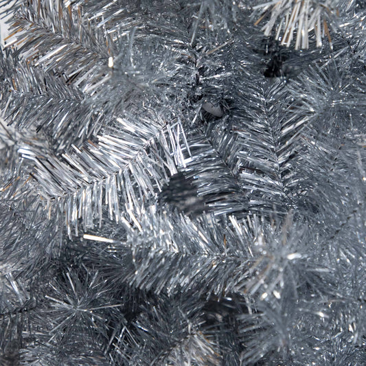 5’ artificial silver tinsel Christmas tree branches close-up with reflective strands on Tampa Home & Garden Store