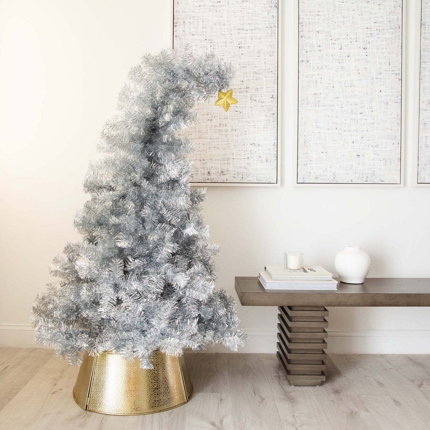 the 5ft Silver Tinsel Santa Hat Christmas Tree