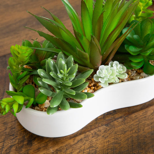 Artificial succulent garden in ceramic white planter set of 2 with green succulents and gravel on Tampa Home & Garden Store