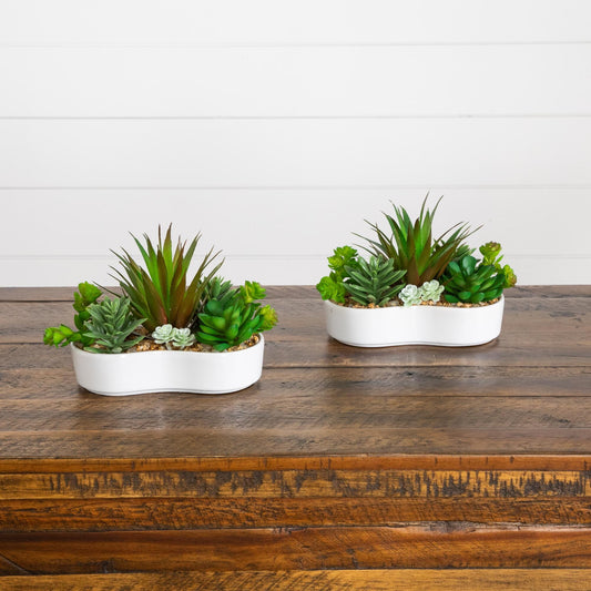 Set of 2 artificial succulent gardens in white ceramic planters by Nearly Natural on Tampa Home & Garden Store