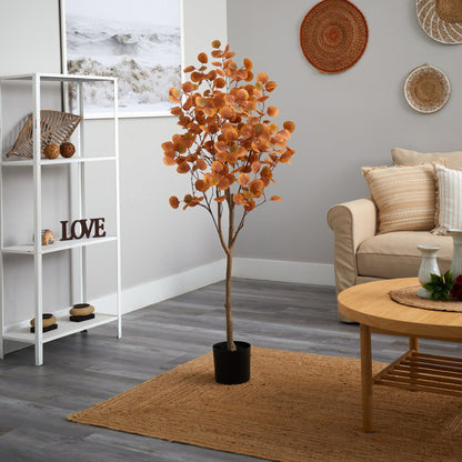 5-foot Autumn Eucalyptus Artificial Tree in black pot by Nearly Natural with orange leaves on Tampa Home & Garden Store