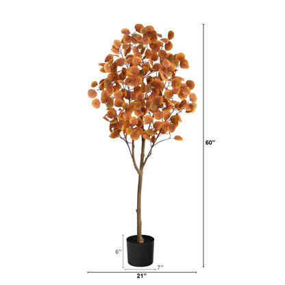 5 ft Autumn Eucalyptus Artificial Tree Nearly Natural orange-brown faux leaves in black pot on Tampa Home & Garden Store