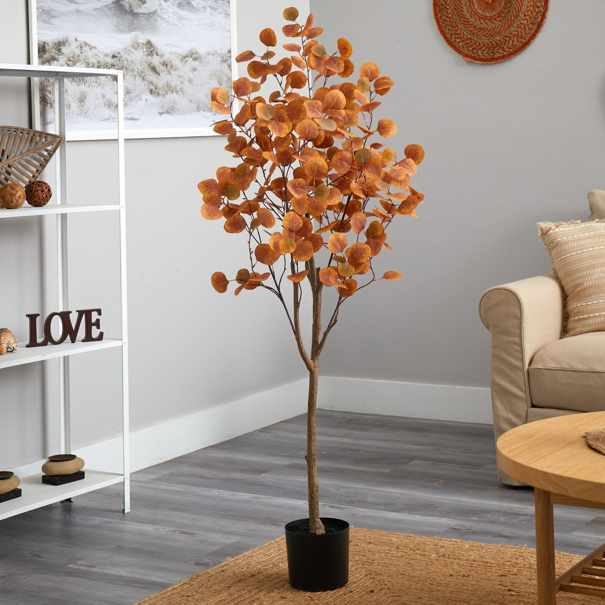 5’ Autumn Eucalyptus Artificial Tree by Nearly Natural in a black pot with orange leaves on Tampa Home & Garden Store