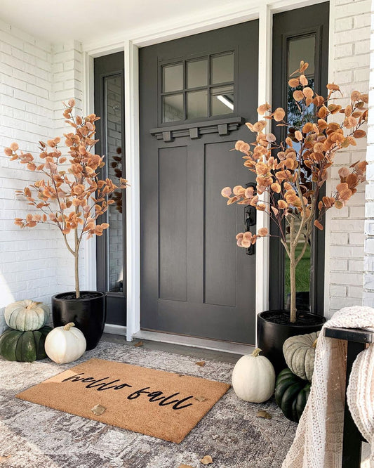 5’ Autumn Eucalyptus artificial trees by Nearly Natural in black planters a pair on a fall porch on Tampa Home & Garden Store