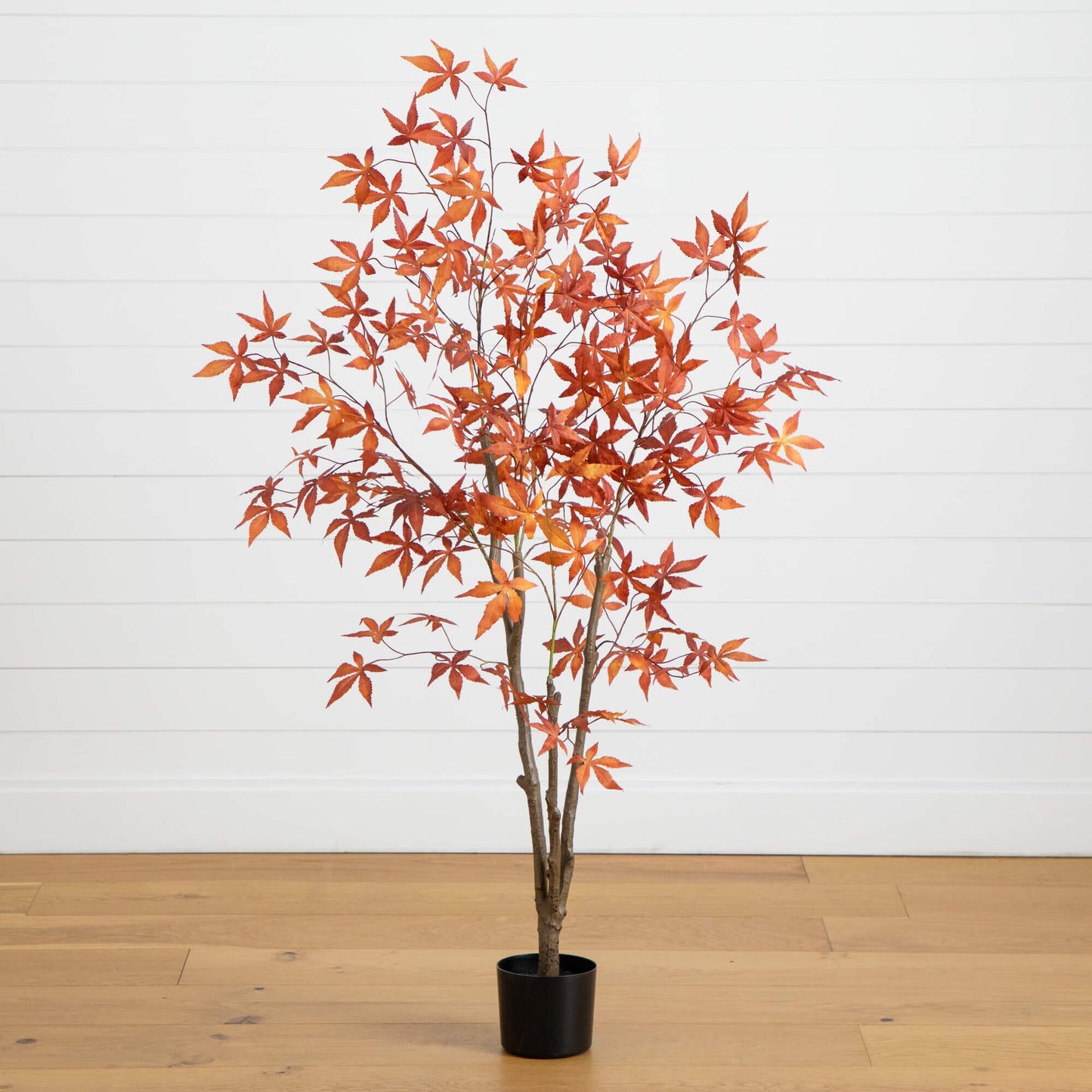 Nearly Natural 5' Autumn Japanese Maple artificial tree in black pot with orange-red leaves on Tampa Home & Garden Store