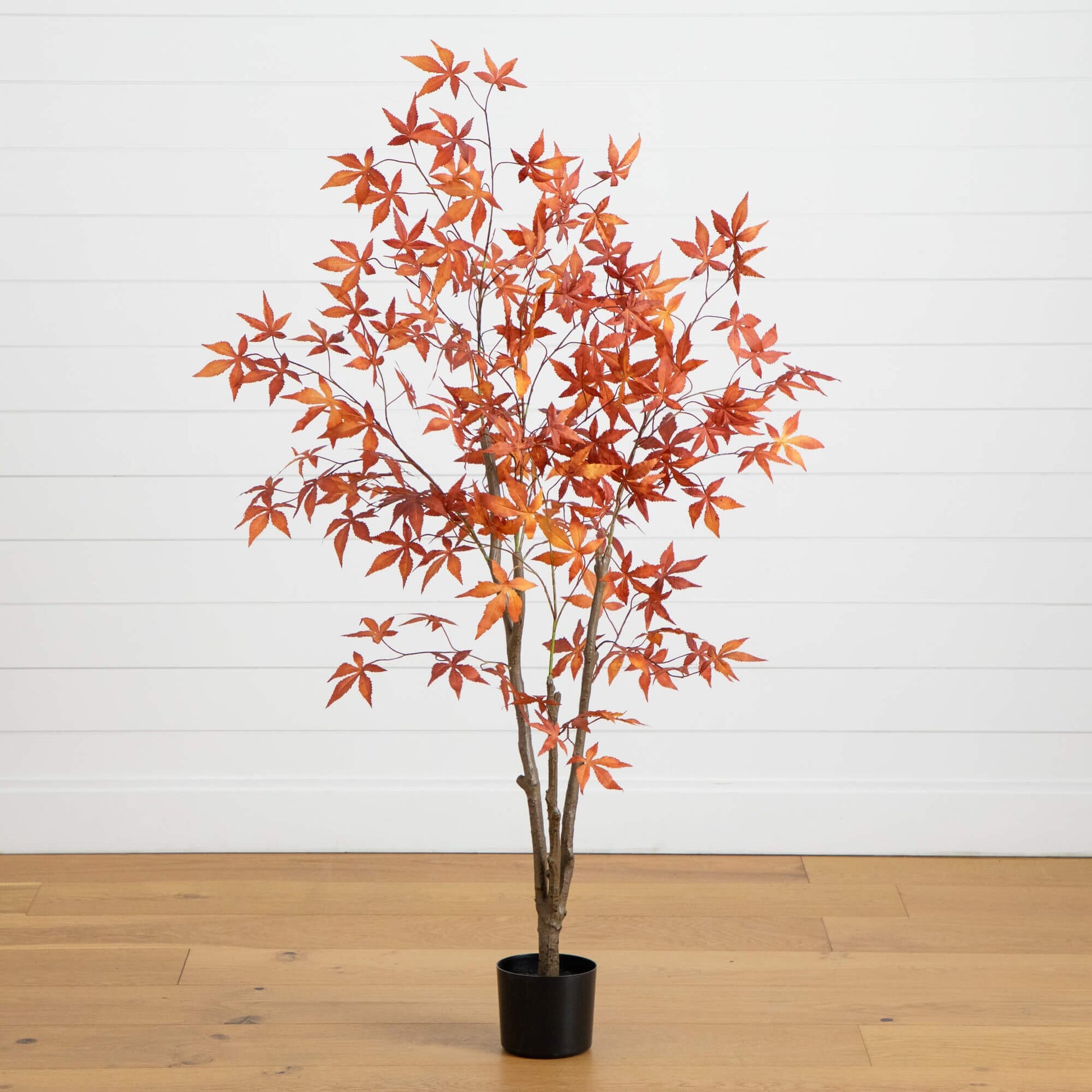 Nearly Natural 5' Autumn Japanese Maple artificial tree in black pot with orange-red leaves on Tampa Home & Garden Store