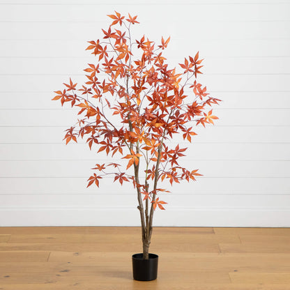 Nearly Natural 5' Autumn Japanese Maple artificial tree in black pot with orange-red leaves on Tampa Home & Garden Store