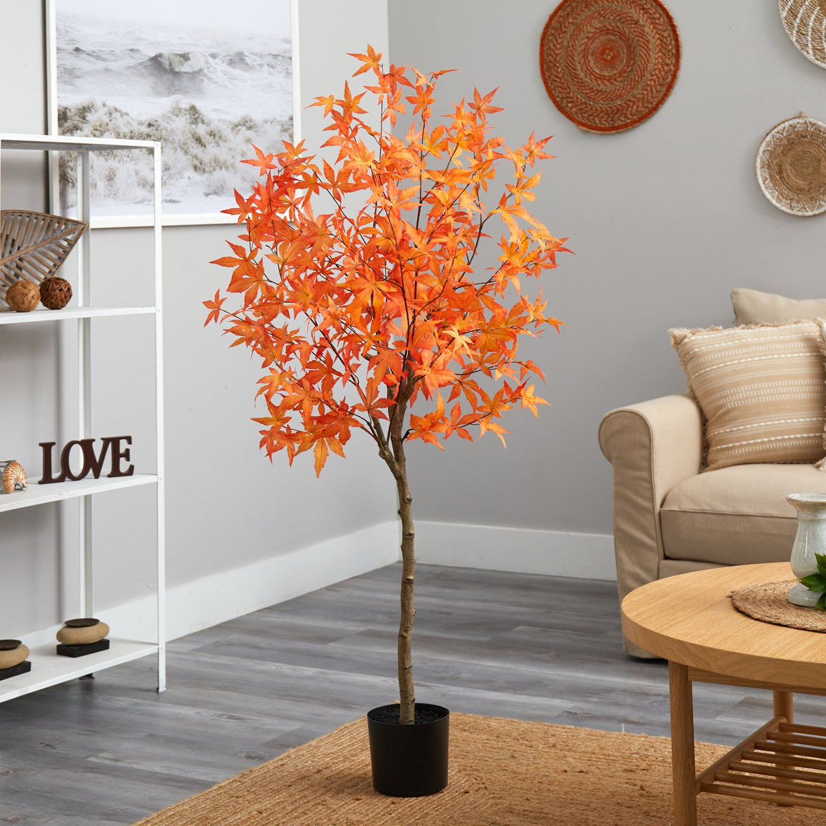 5' Autumn Maple Artificial Tree by Nearly Natural in a black planter with orange leaves on Tampa Home & Garden Store