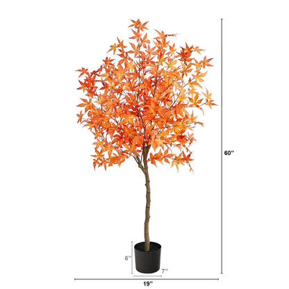 5' Autumn Maple Artificial Tree by Nearly Natural with orange maple leaves in black pot on Tampa Home & Garden Store