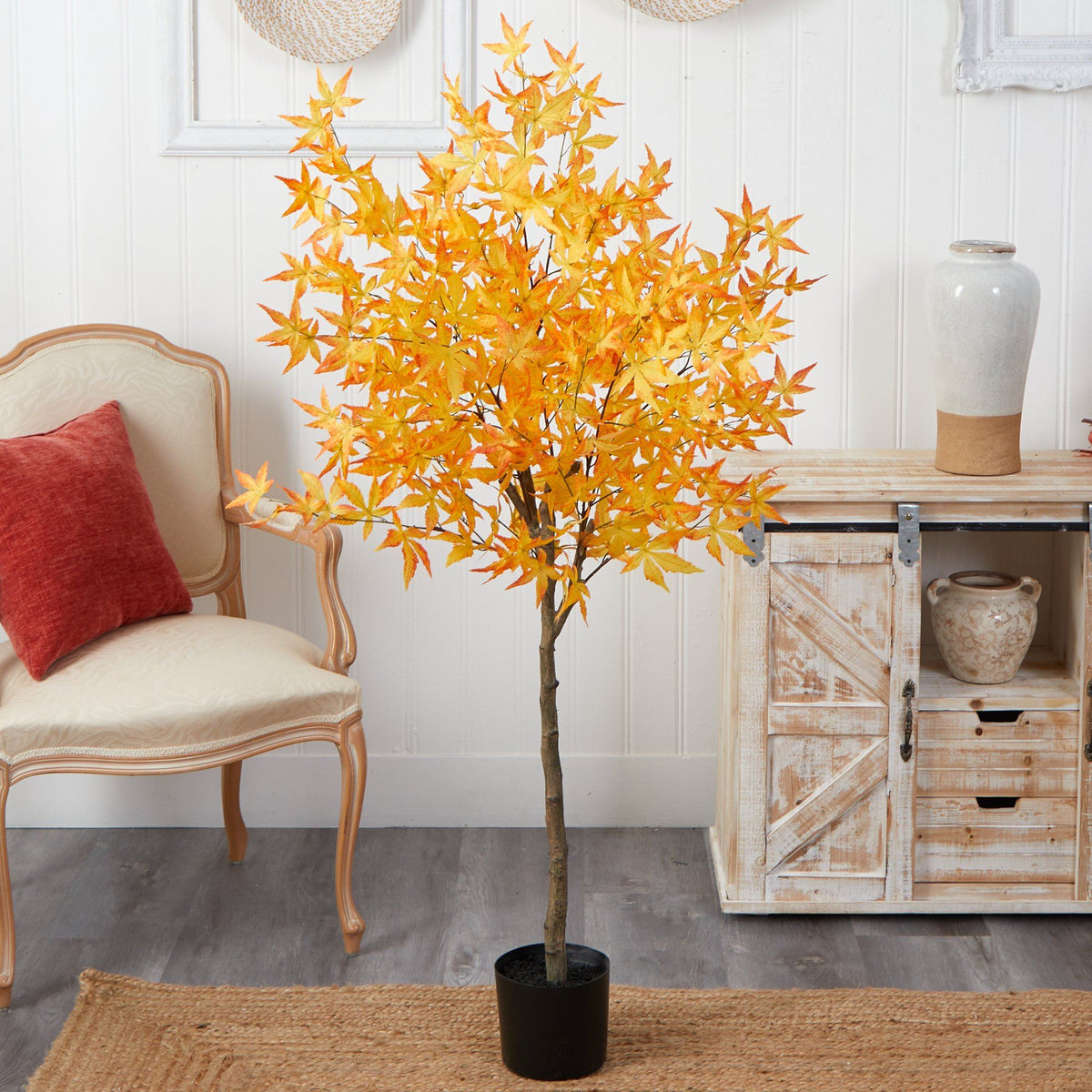 5' Autumn Maple Artificial Tree by Nearly Natural with orange leaves in a black pot on Tampa Home & Garden Store