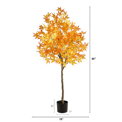 5 ft Autumn Maple artificial tree by Nearly Natural with orange maple leaves in a black planter on Tampa Home & Garden Store