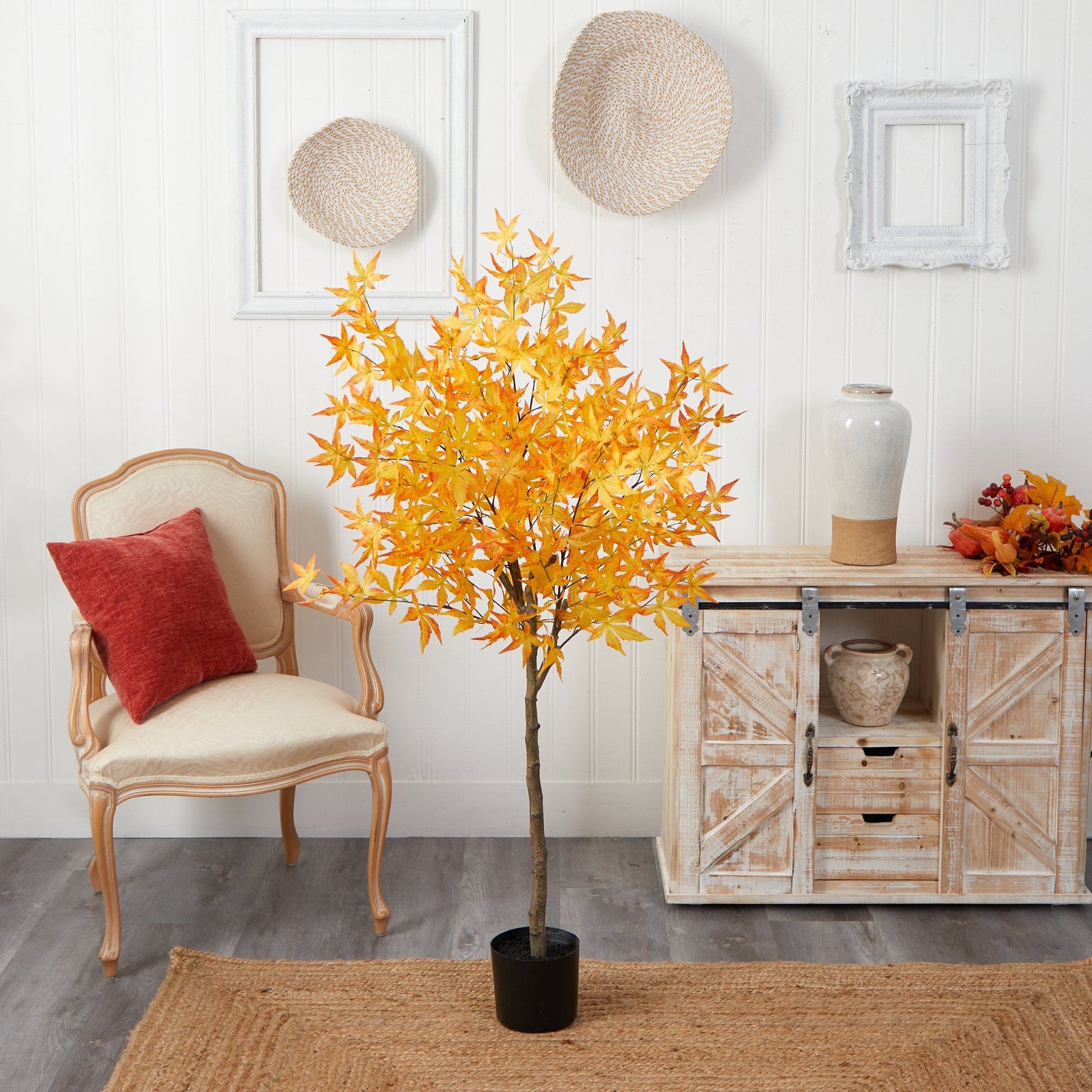 5' Autumn Maple Artificial Tree with orange leaves by Nearly Natural in black pot on Tampa Home & Garden Store