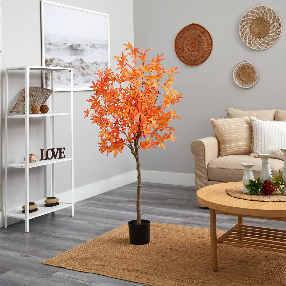 5' Autumn Maple Artificial Tree by Nearly Natural in black pot with orange leaves on Tampa Home & Garden Store