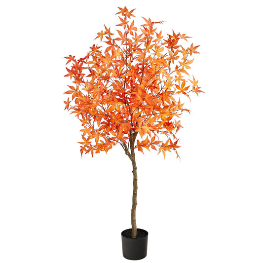 5' Autumn Maple Artificial Tree by Nearly Natural with orange leaves in a black pot on Tampa Home & Garden Store