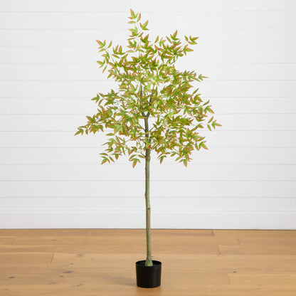 5' Autumn Nandina Fall Tree by Nearly Natural with green leaves edged in red in a pot on Tampa Home & Garden Store