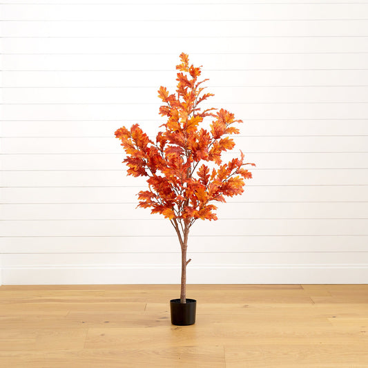 5’ Autumn Oak artificial fall tree in a black pot with vivid orange autumn leaves Nearly Natural on Tampa Home & Garden Store