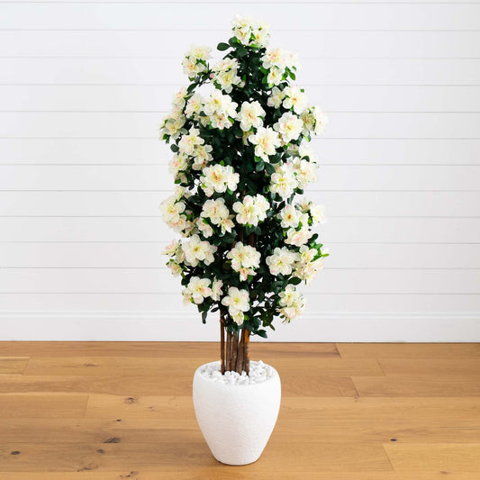 5’ Azalea Artificial Tree in White Planter - Tampa Home & Garden Store