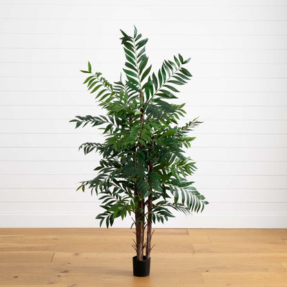 5' Bamboo Palm Artificial Silk Tree by Nearly Natural in a black pot with lush green fronds on Tampa Home & Garden Store