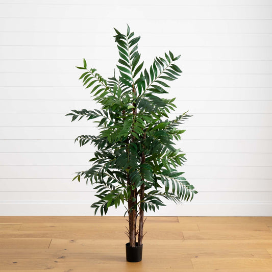 5' Bamboo Palm Artificial Silk Tree by Nearly Natural in a black pot with lush green fronds on Tampa Home & Garden Store
