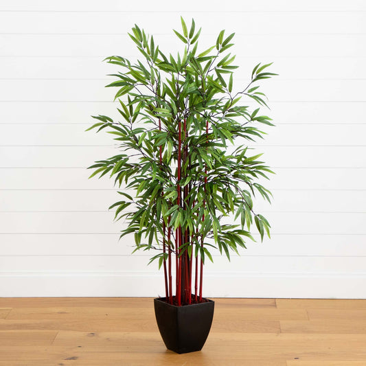 5’ Bamboo Silk Tree in Planter by Nearly Natural with green leaves and red stems on Tampa Home & Garden Store