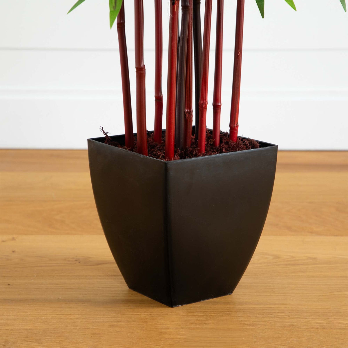 5 ft Bamboo Silk Tree in black planter with red bamboo stalks and moss by Nearly Natural on Tampa Home & Garden Store