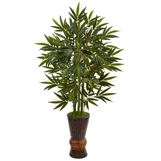 5’ Bamboo Tree in Bamboo Planter by Nearly Natural with dark green leaves on Tampa Home & Garden Store