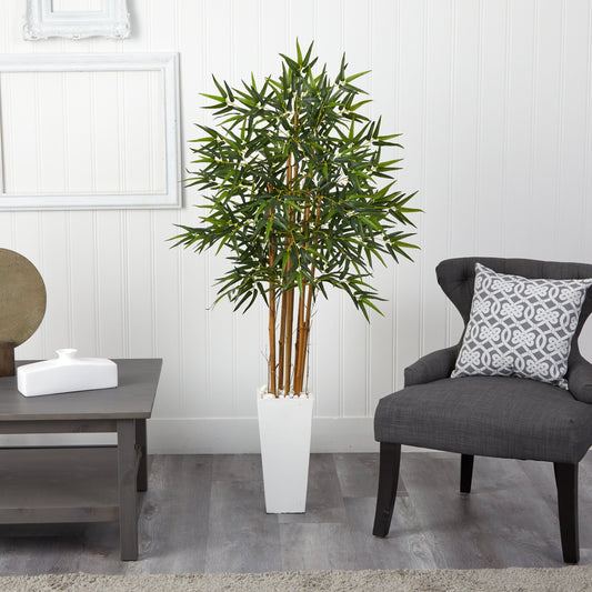Nearly Natural 5’ Bamboo Tree in white tower planter with green leaves and white pebbles on Tampa Home & Garden Store