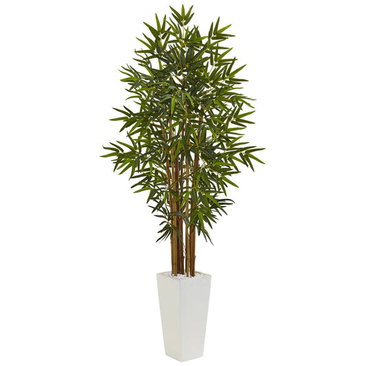 5’ Bamboo Tree in White Tower Planter by Nearly Natural with lush green bamboo stalks on Tampa Home & Garden Store