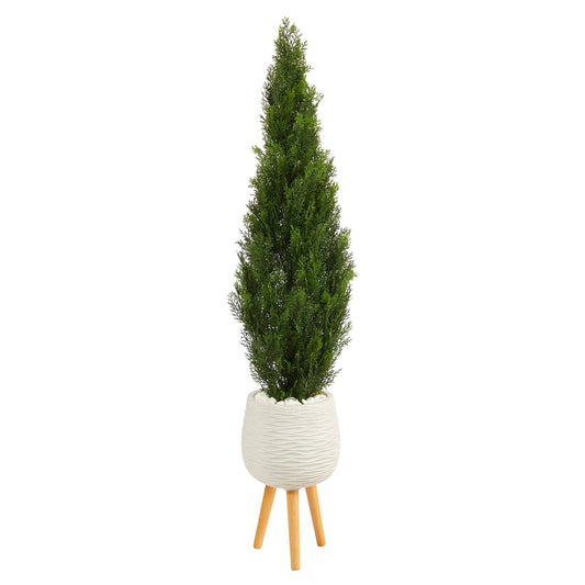 5' Cedar Artificial Tree in White Planter with Stand (Indoor/Outdoor) - Tampa Home & Garden Store