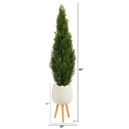 5' Cedar Artificial Tree in White Planter with Stand (Indoor/Outdoor) - Tampa Home & Garden Store