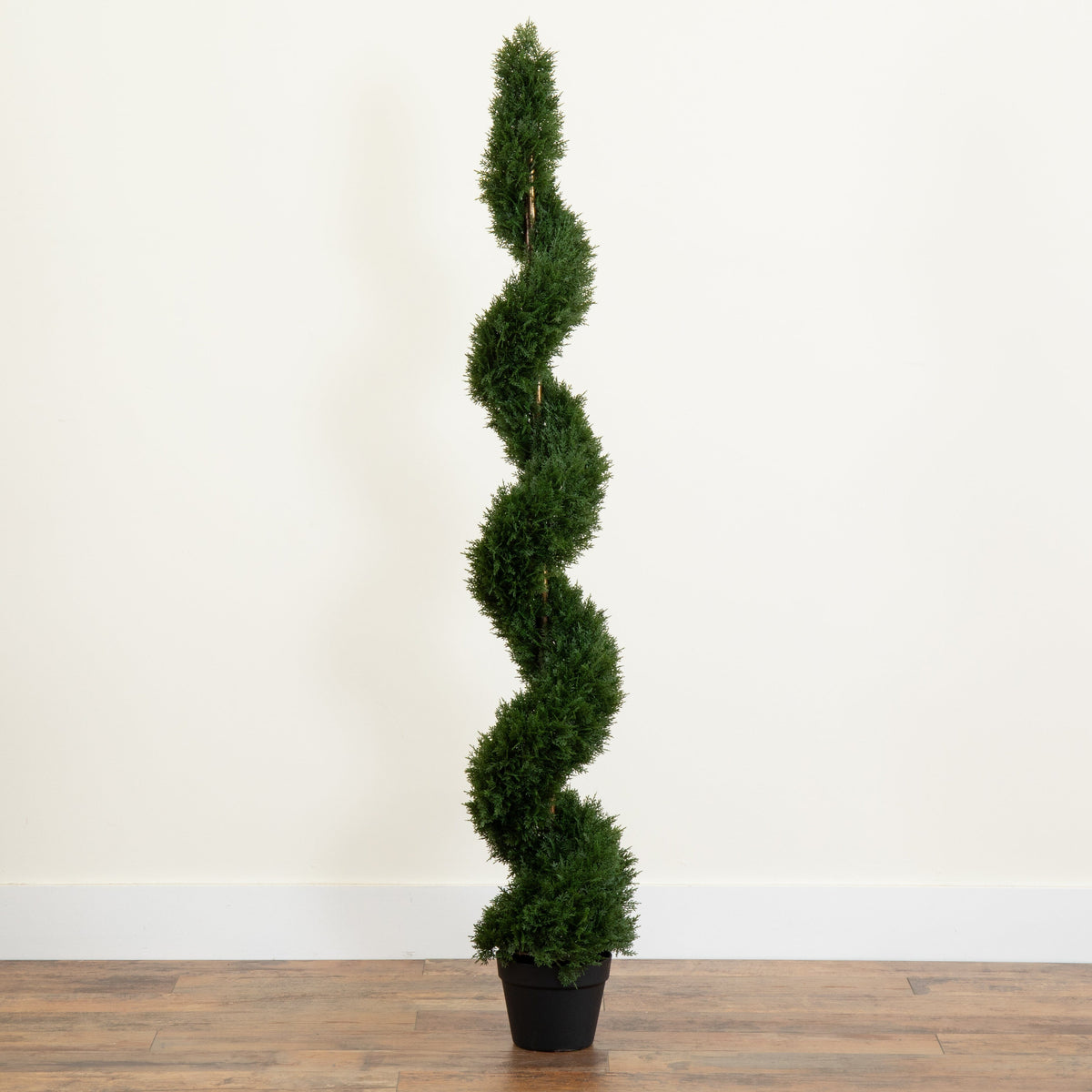 Nearly Natural 5' Cedar Spiral Silk Tree in a black planter for indoor/outdoor use on Tampa Home & Garden Store