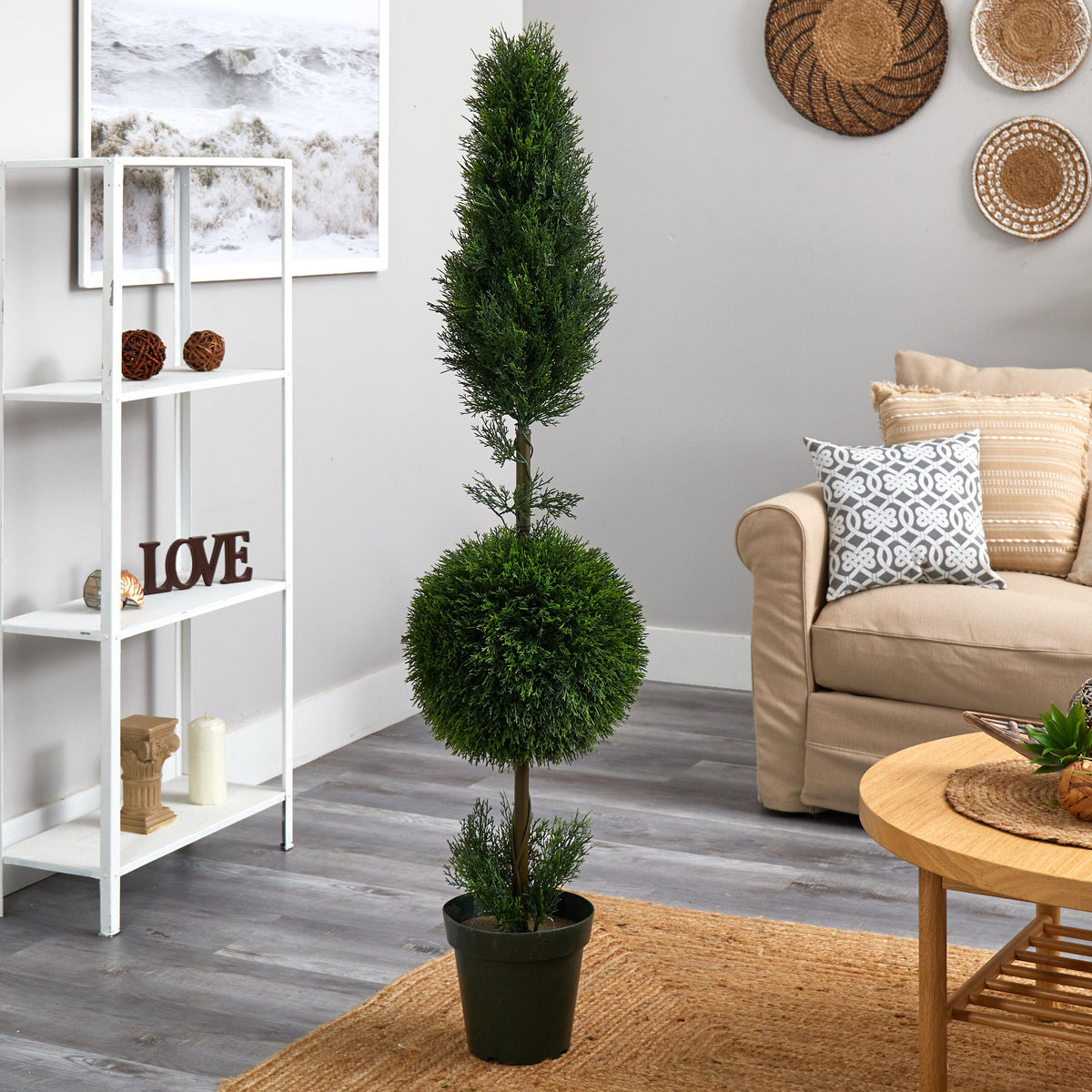 Nearly Natural 5' Cypress ball-and-cone silk tree in black pot indoor/outdoor decorative topiary on Tampa Home & Garden Store