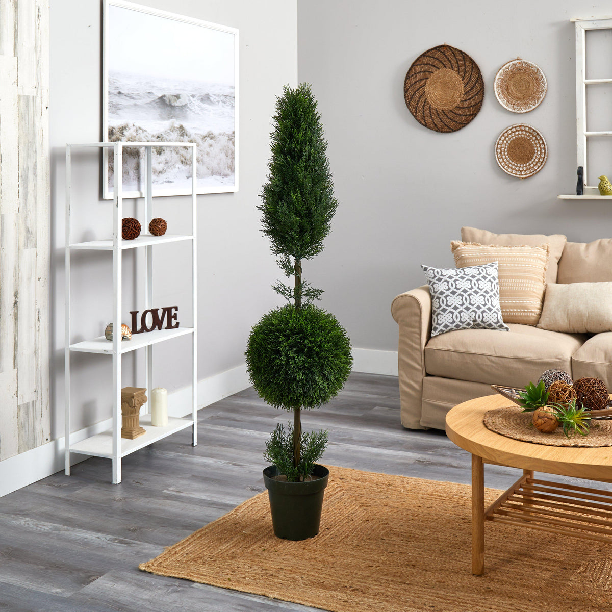 5' Cypress Ball and Cone Silk Tree by Nearly Natural in a black pot indoors near sofa on Tampa Home & Garden Store